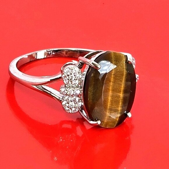 925 Sterling Silver Ring with Natural Tiger's Eye Gemstone & Cz - Picture 5 of 6